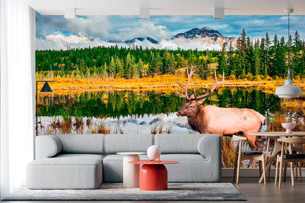imagen de Fotomural alce monte Alaska en río en decoracionesenvinilo.com
