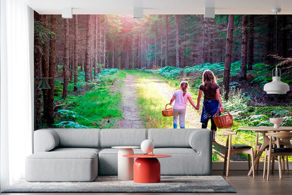 imagen de Fotomural niñas en bosque setas con cestas en decoracionesenvinilo.com