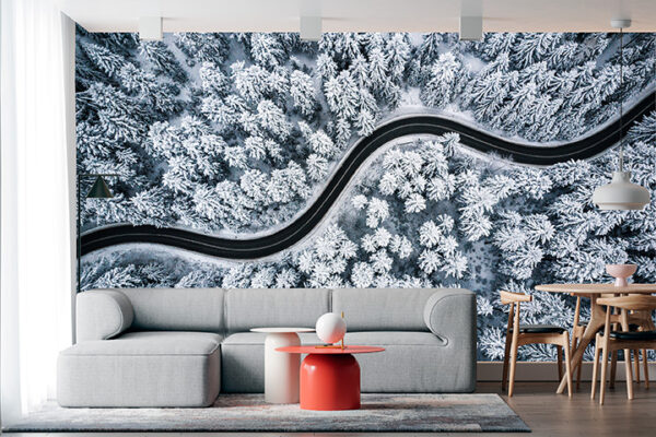 imagen de Fotomural vista aérea bosque nevado con carretera en decoracionesenvinilo.com
