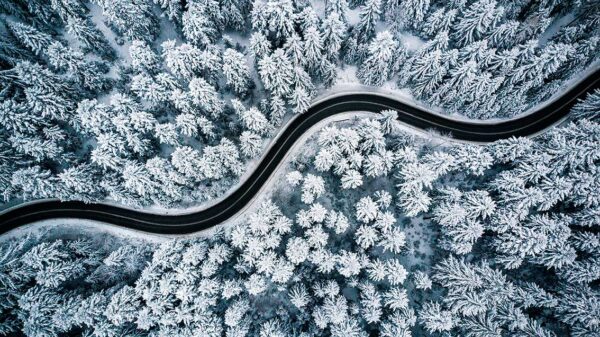 imagen de Fotomural vista aérea bosque nevado con carretera en decoracionesenvinilo.com