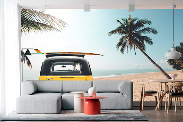 imagen de Fotomural coche playa con tabla de surf en decoracionesenvinilo.com